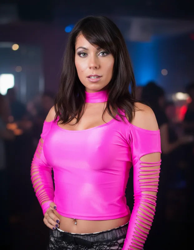 Cropped Feminino Rosa Pink Spandex Brilhante Manga Longa Sexy Ropahrara Original 5813
