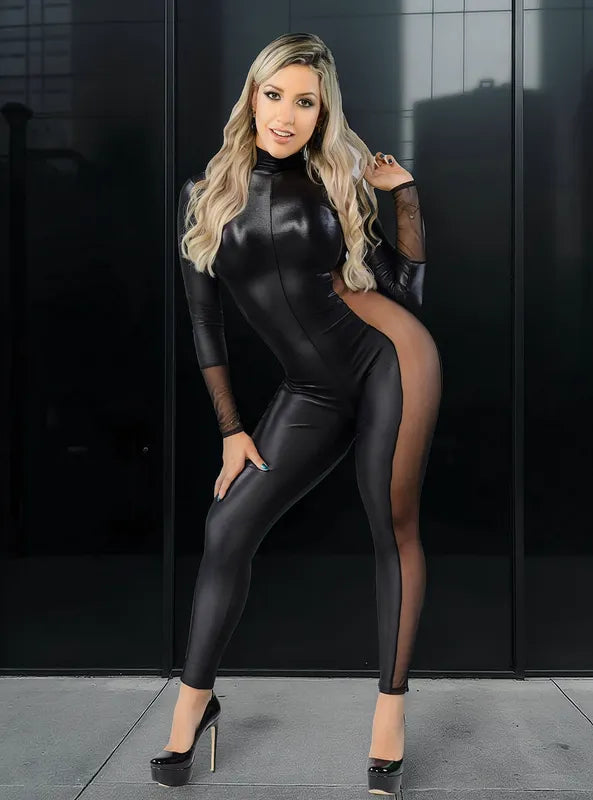 Macacão Feminino Sexy Manga Longa Spandex com Brilho e Transparência 6999 Ropahrara