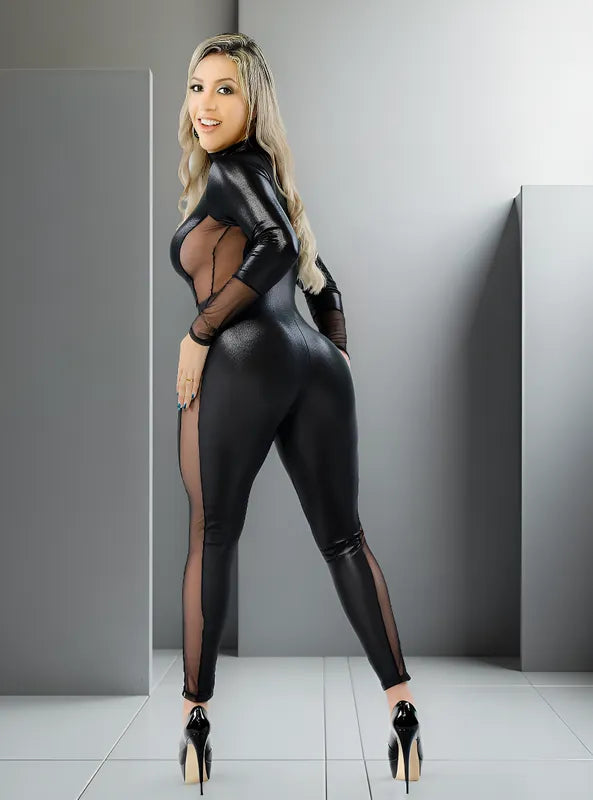 Macacão Feminino Sexy Manga Longa Spandex com Brilho e Transparência 6999 Ropahrara