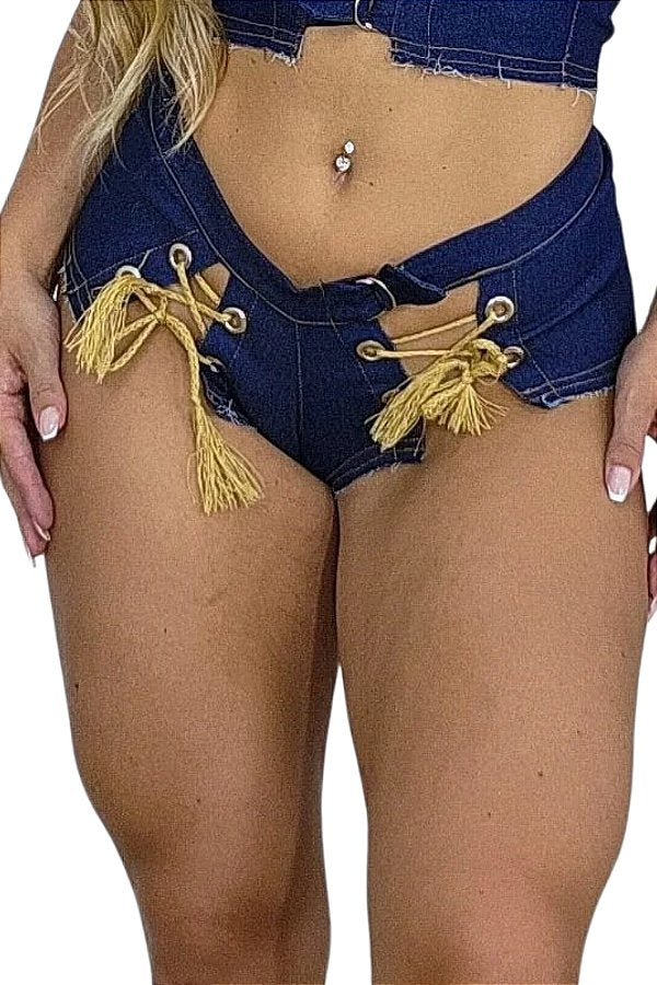 Micro Shorts Jeans Feminino Cintura Baixa com Ilhós Na Frente 000610