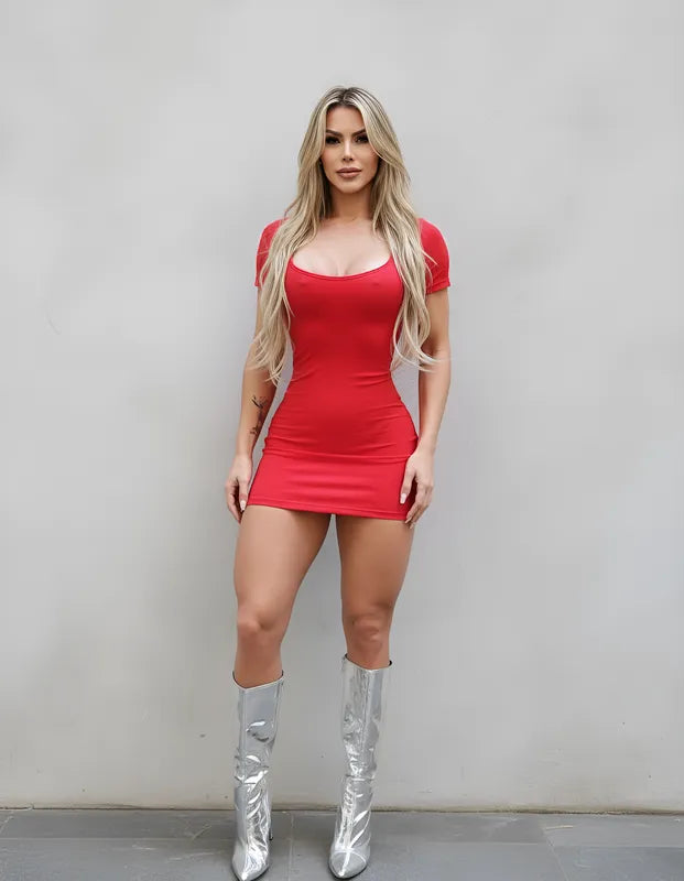 Vestido Curto Vermelho Justo Spandex Lycra Brilhante Costas Recortadas Festa Ropahrara 232