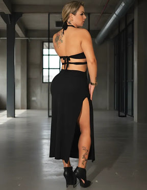 Vestido Longo Preto com Recortes Estratégicos e Fenda Lateral 318 – Sexy, Elegante e Modelador