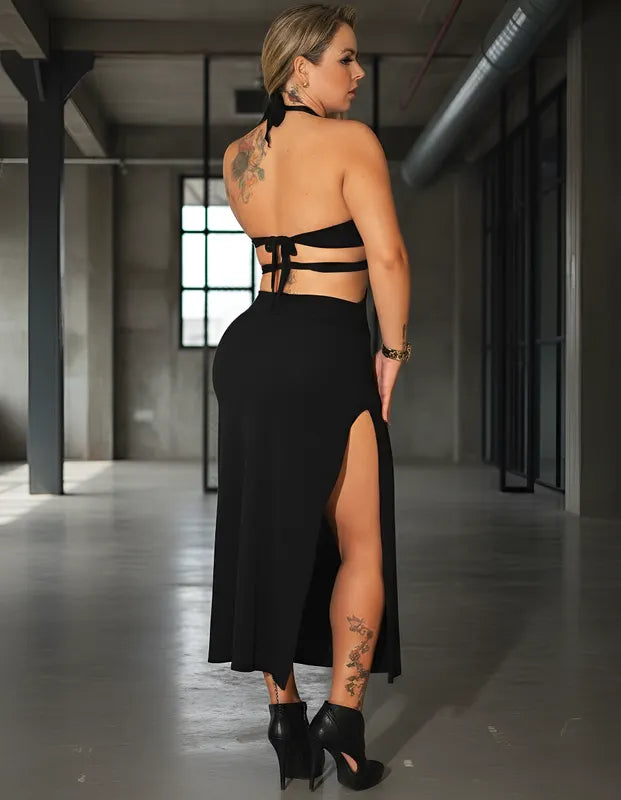 Vestido Longo Preto com Recortes Estratégicos e Fenda Lateral 318 – Sexy, Elegante e Modelador