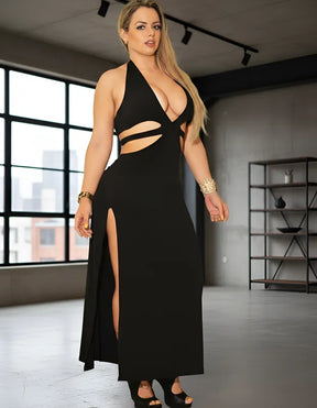 Vestido Longo Preto com Recortes Estratégicos e Fenda Lateral 318 – Sexy, Elegante e Modelador