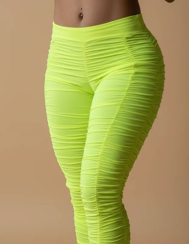 Calça Aumenta Bumbum Malha Franzida Com Elastano Ropahrara 5040 Amarelo Neóm