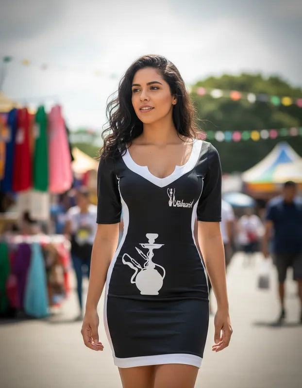 Vestido Bicolor Suplex Pesado Poliamida Anticelulite Ropahrara Eventos e Feiras Preto
